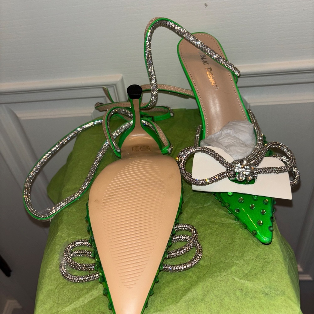 NEW Public Desire Azealia Neon Green Crystal Diamanté 7.5 Wrap Around Bow Heels - Picture 10 of 14